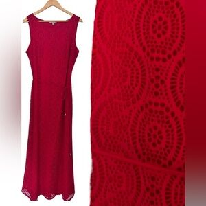 sandra darren red crochet maxi dress belted size large